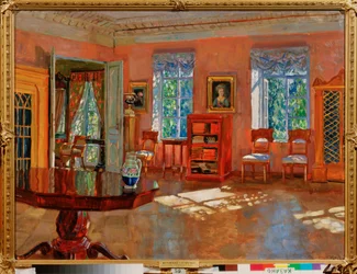 Interieur van de bibliotheek in een landhuis. Schilderij van Stanislav Yulianovich Joukovski (Zhukovsky) (1873-1944), olie op doek, ca. 1910. Russische kunst, 20e eeuw, modernisme. Staats Kunstmuseum van de Republiek Tatarstan, Kazan (Rusland)