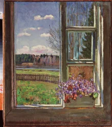 Viooltjes voor het raam. Schilderij van Stanislav Yulianovich Zhukovsky
