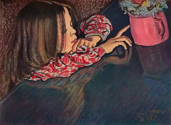 Meisje kijkt naar bloemenvaas, 1902