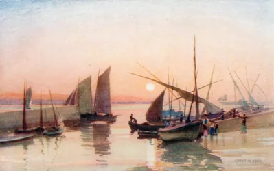 Vissersboten in de Taag (kleurenlitho)