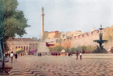 Praca de Dom Pedro. (Plein met rollende beweging) (kleurenlitho)