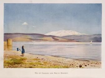Meer van Galilea richting de berg Hermon (in Syrië), Palestina 1906