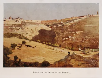 Aquarel door Stanley Inchbold, die de Kidron-vallei afbeeldt, in Jeruzalem, Palestina 1906