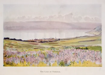 Aquarel door Stanley Inchbold, die het Meer van Galilea in Palestina afbeeldt, 1906