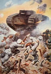 Britse tank in actie tegen Duitsers aan het Westfront in WOI