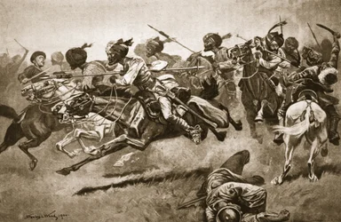 Op expeditie naar Pao-ting-fu: Een aanval van de Bengal Lancers, illustratie uit 