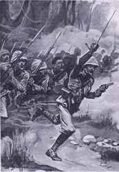 Britse aanval op de Ashantis bij Amoaful, 31 januari 1874, illustratie uit British Battles on Land and Sea, 1915