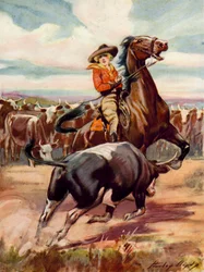 Scène uit At the Mercy of Brigands: een cowgirl te paard wordt aangevallen door een grote os (kleurenlitho)