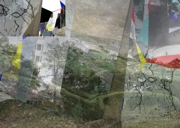Surrealistisch gelaagd stadsgezicht