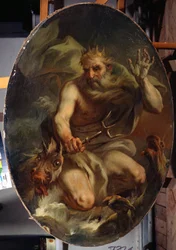 Neptunus met een kroon en een drietand met zeemonsters