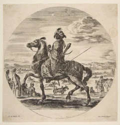 Een Moorse ruiter naar links gekeerd, staande en zittende Turken op het middenplan, een..., ca. 1651.
