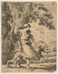 Een nimf houdt een grote hond bij zijn halsband, ca. 1654