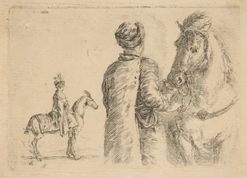 Een Poolse stalknecht, van achteren, een paard aan de teugel houdend, ca. 1662