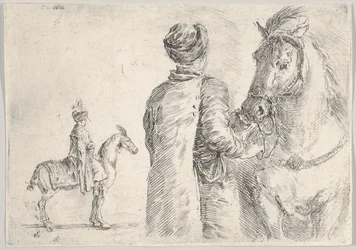 Een Poolse knecht, gezien van achteren, die het hoofdstel van een paard naar rechts vasthoudt, een Poolse ruiter..., ca. 1662