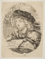 Een buste van een jonge man met een hoed met veren, driekwart naar links gedraaid, 1650