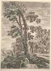 Een visser in het midden naar links gericht en leunend tegen een grote boom, een vrouw wandelend..., ca. 1652-57