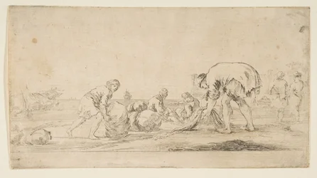 Een visser brengt zijn netten binnen, een man links duwt een baal naar rechts, twee zitt..., ca. 1662