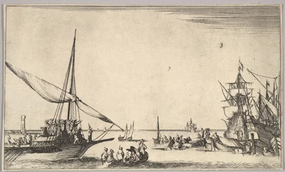 Een galei arriveert in de haven naar links, verschillende roeiboten in het midden, schepen in de haven naar rechts