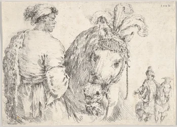 Een man links in profiel die een handvol hooi geeft aan een paard in het midden, een ruiter..., ca. 1662