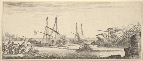 Een zeeslag, een roeiboot vol mannen links, een zinkend schip rechts, twee galeien