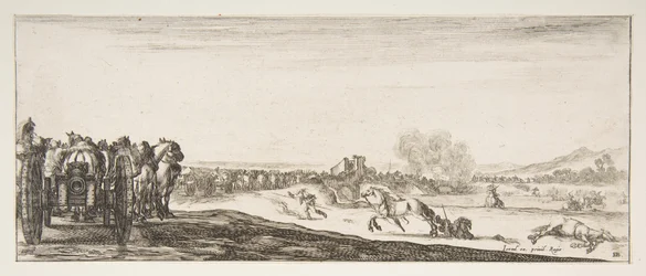 Een processie van door paarden getrokken kanonwagens naar links, ruiters in gevecht en een dode ho..., ca. 1641
