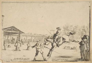 Een rijschool, een ruiter met zwaard springt