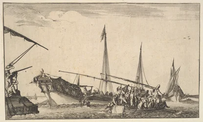 Een roeiboot vol mannen rechts, een schip met mannen die in een roeiboot afdalen links, 1639