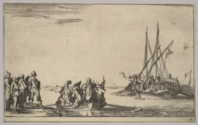 Een roeiboot vol mannen in het midden, een groep mannen staand aan de oever links, een schip vol ..., 1639