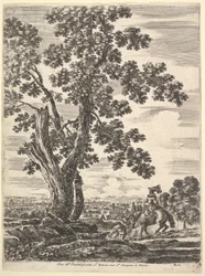 Een vrouw te paard van achteren gezien die een heuvel afdaalt naar rechts, een grote boom, ca. 1652-57