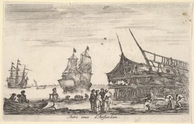 Een ander uitzicht op Amsterdam, een groep van vier mannen staat in het midden, 1647