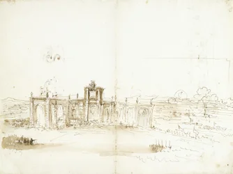 Gezicht op de haven van Livorno met een gebouw dat het wapen van de Medici draagt [recto]; havengezicht en twee ornamentstudies [verso]