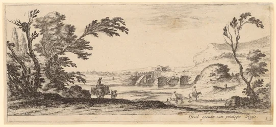 Boerin op een lastdier, boeren en twee ruiters bij het oversteken van een rivier
