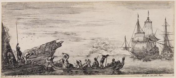 Laden van verschillende schepen: links een laadkade met wachtpost en havenarbeiders die een boot lossen