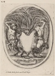 Cartouche in de vorm van een gevilde tijger ondersteund door centauren