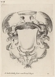 Cartouche met adelaars en twee kinderen die een kroon vasthouden