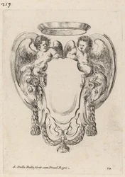 Cartouche met rammen en satyr kinderen