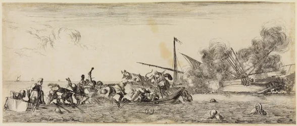 Vrede en oorlog (Et pace et bello): zeeslag met een roeiboot op de voorgrond