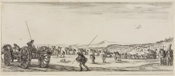 Vrede en oorlog (Et pace et bello): treinen met kanonnen en twee soldaten, uitgerust met lange lansen