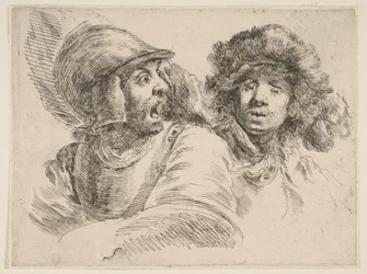Geschrokken soldaat en een man met een bontmuts, ca. 1652