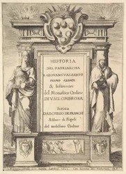 Frontispice: een monument versierd met het Medici-wapen bovenaan in het midden, vlammen