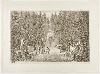 Waterstralen die uit de grond komen, vanuit de villa in Pratolino