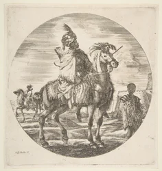 Moorse ruiter in profiel naar rechts, rechts een Zwarte slaaf die een pels vasthoudt, een ande..., ca. 1651.