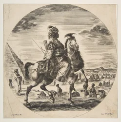 Moorse ruiter in profiel naar rechts, op de achtergrond links een piramide, vele fi..., ca. 1651.