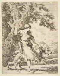 Nimf die een grote hond bij de halsband houdt, ca. 1654