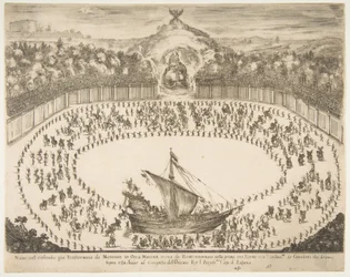 Paradewagen in de vorm van een schip, wapen van de Groothertog van Modena bovenaan, 1652