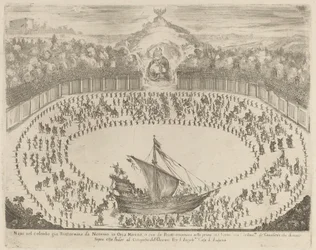 Parade met een wagen in de vorm van een schip