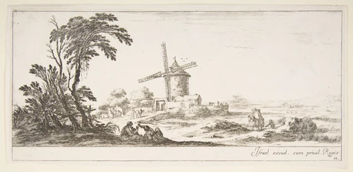 Een familie op de voorgrond, diverse figuren en paarden op de achtergrond