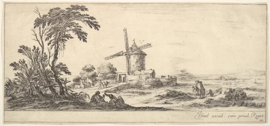 Plaat 10: een familie in het midden op de voorgrond, verschillende figuren en paarden in het midden, ca. 1641