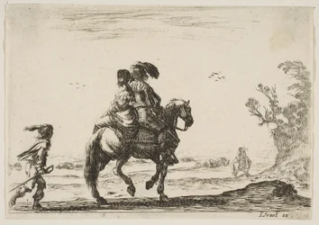 Plaat 10: een ruiter en een vrouw, van achteren gezien, rijdend naar rechts met een jong..., 1642