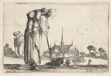 Plaat 10: een boerin naar rechts gekeerd met een kind op haar rug, een jongen liggend...
